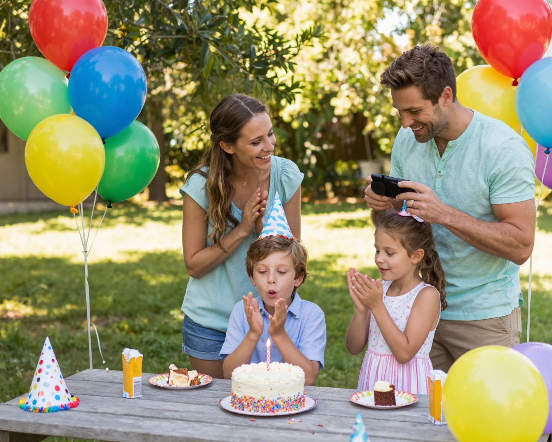 A young family celebrating a birthday party with balloons and cake outdoors.