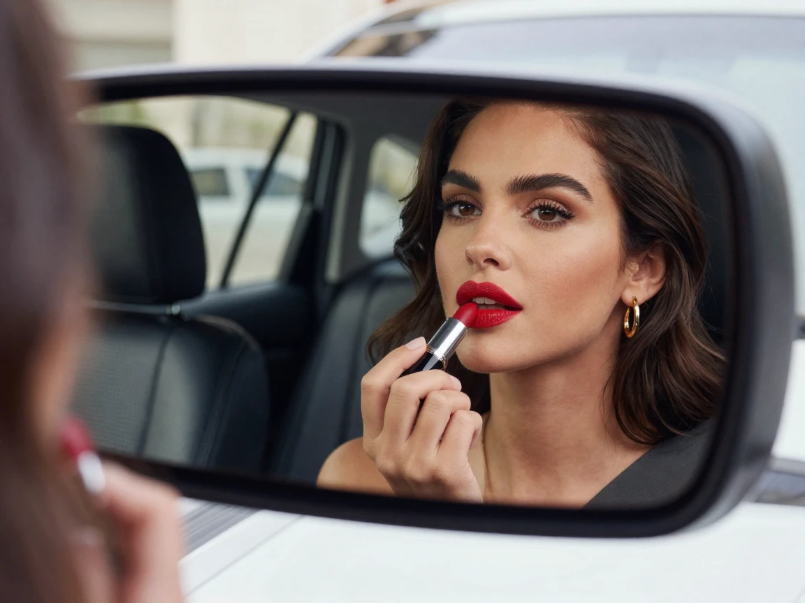 A woman applying a bold red lip in a car mirror before an event.
