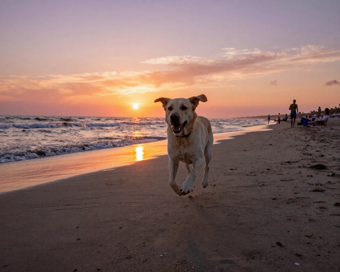 A dog running full speed across a beach at sunset.