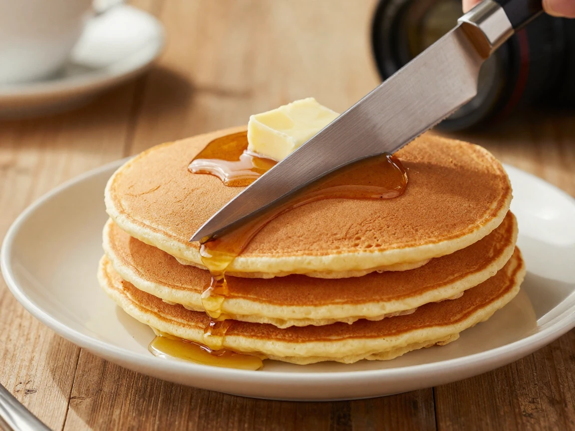 A close-up of a knife slicing through a stack of pancakes.