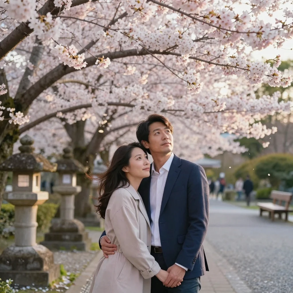 A couple watching cherry blossoms bloom in a Japanese park.