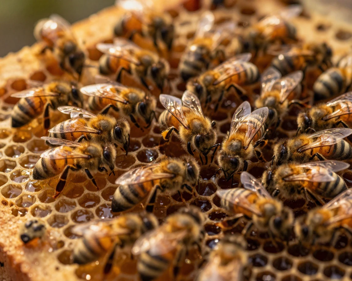 A close-up of a beehive with bees actively working on the honeycomb.