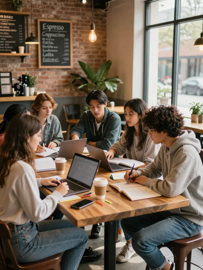 A group of college students studying together in a coffee shop.