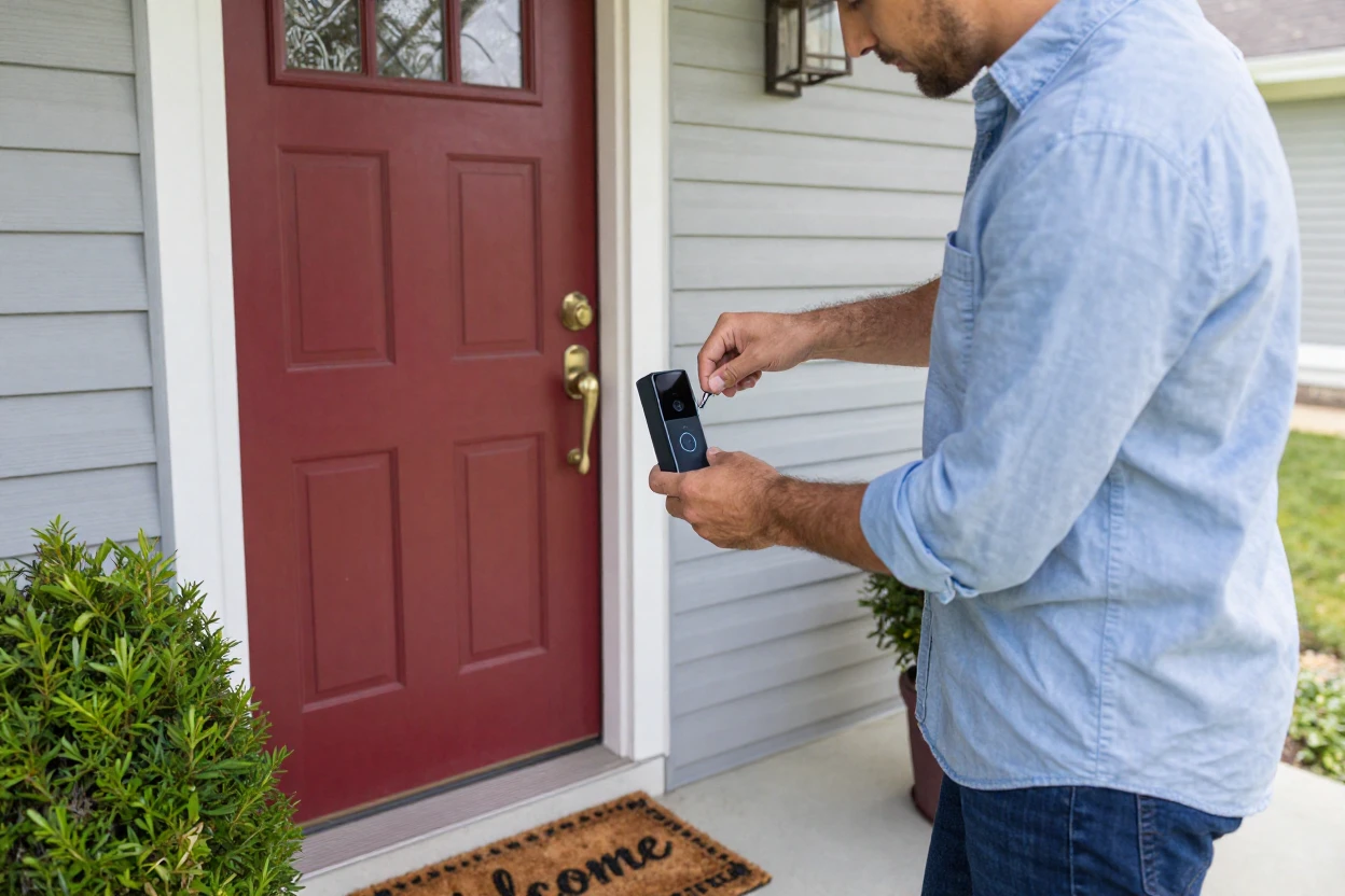 A homeowner installing a smart doorbell at the front entrance.
