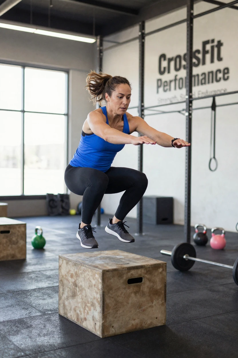 A woman doing a CrossFit box jump during a workout.