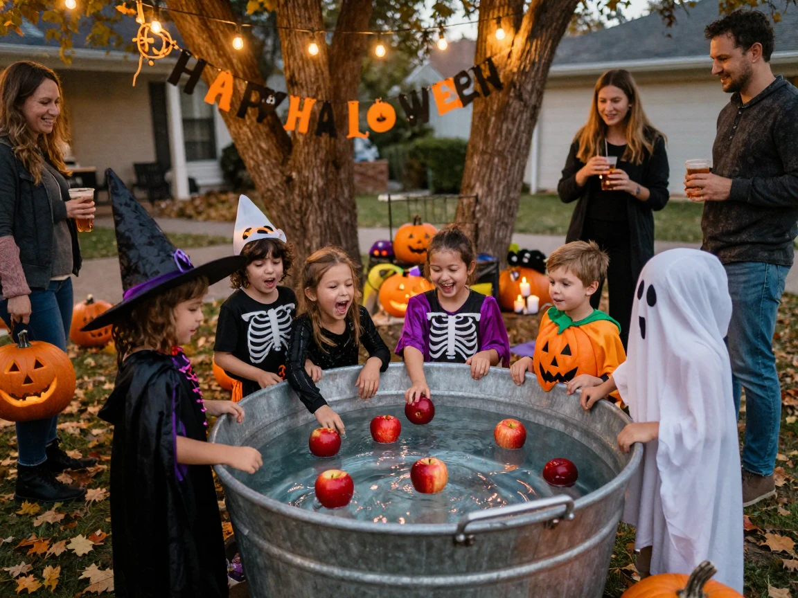 Children bobbing for apples at a Halloween party.