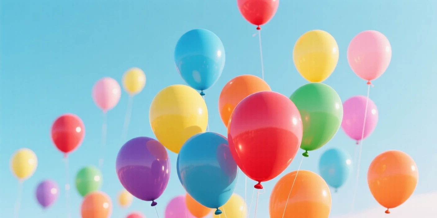 Abstract background of colorful balloons floating against a plain sky.