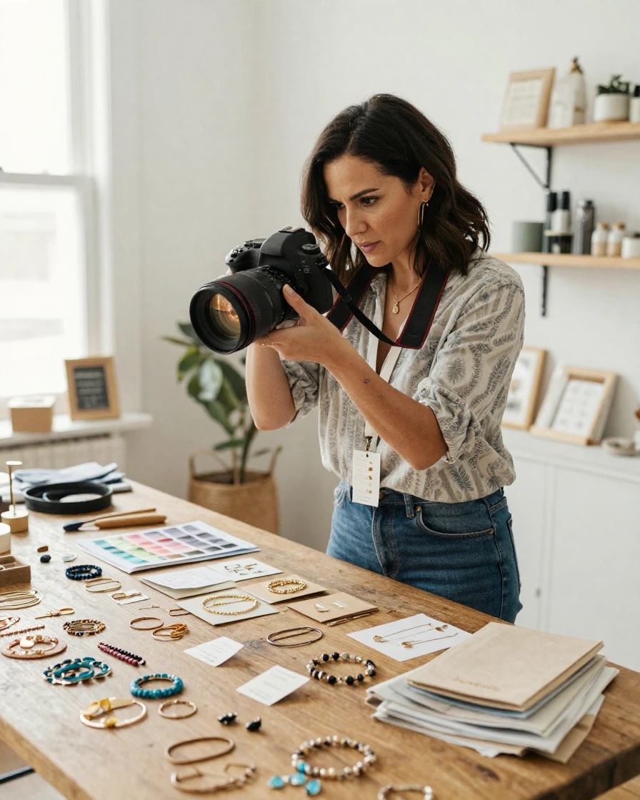 A woman entrepreneur photographing her handmade products for an online store.