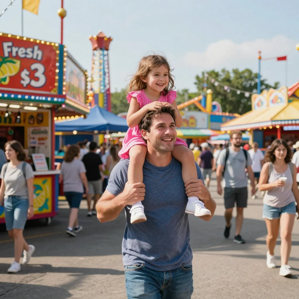 A father carrying his daughter on his shoulders at an amusement park.