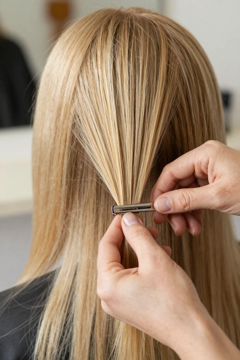 A close-up of hair extensions being clipped into place.