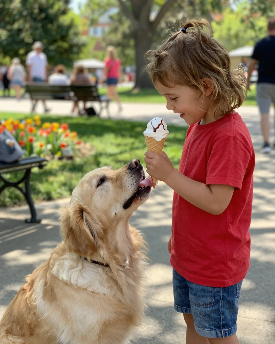 A child and a dog sharing an ice cream cone outdoors.