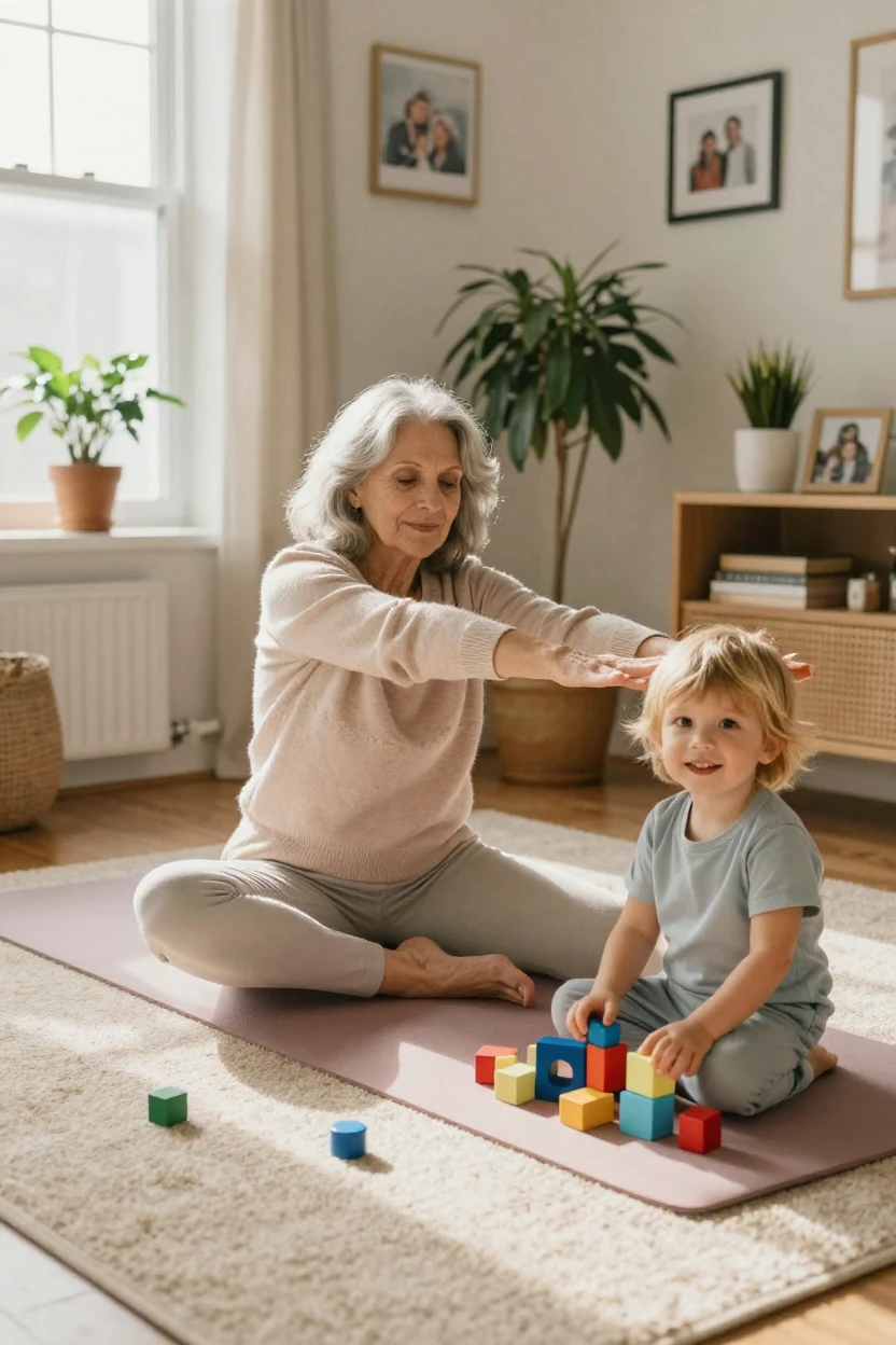 A grandmother doing light stretching exercises with her grandchild nearby.