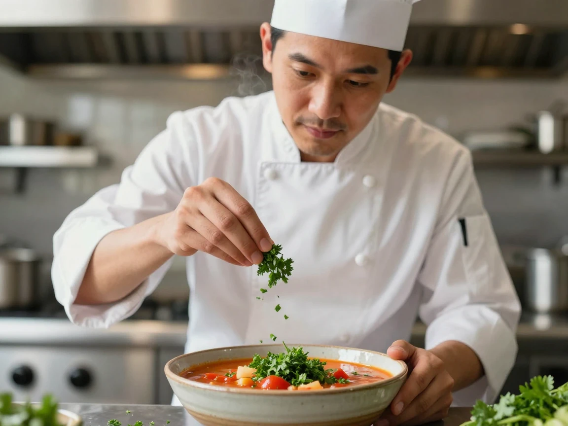 A chef garnishing a bowl of soup with fresh herbs.