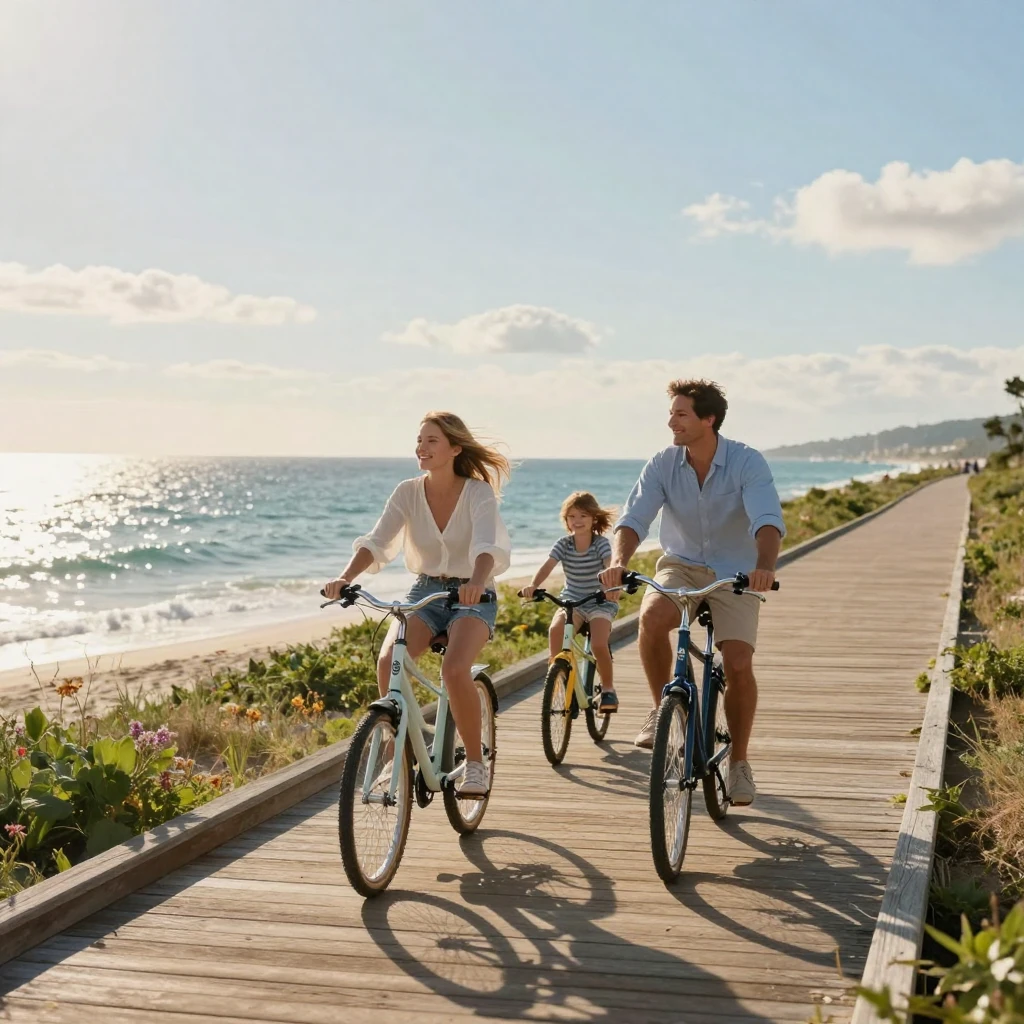 A family riding bikes along a scenic boardwalk by the ocean.