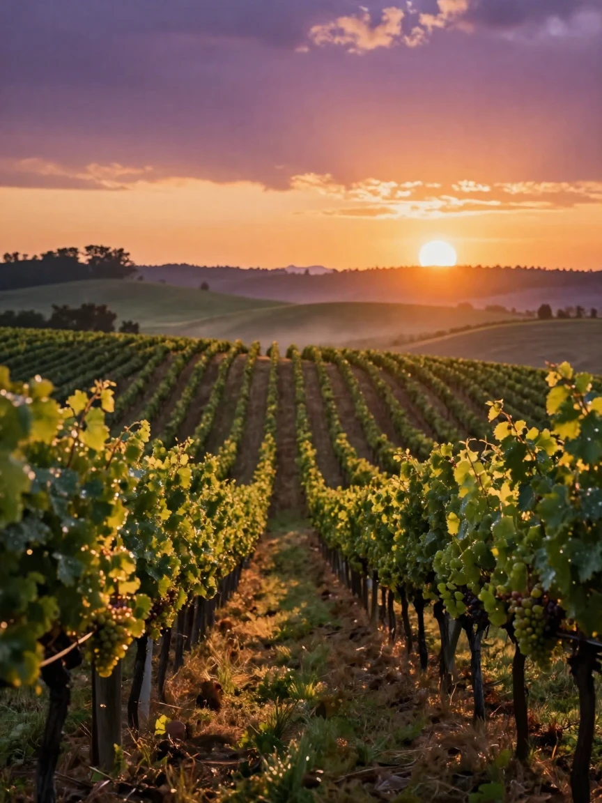 A rolling vineyard landscape at sunset with rows of grapevines.