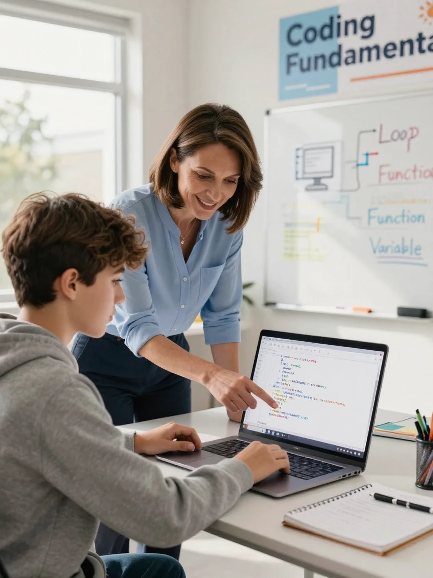 A teacher assisting a student with a computer coding exercise.