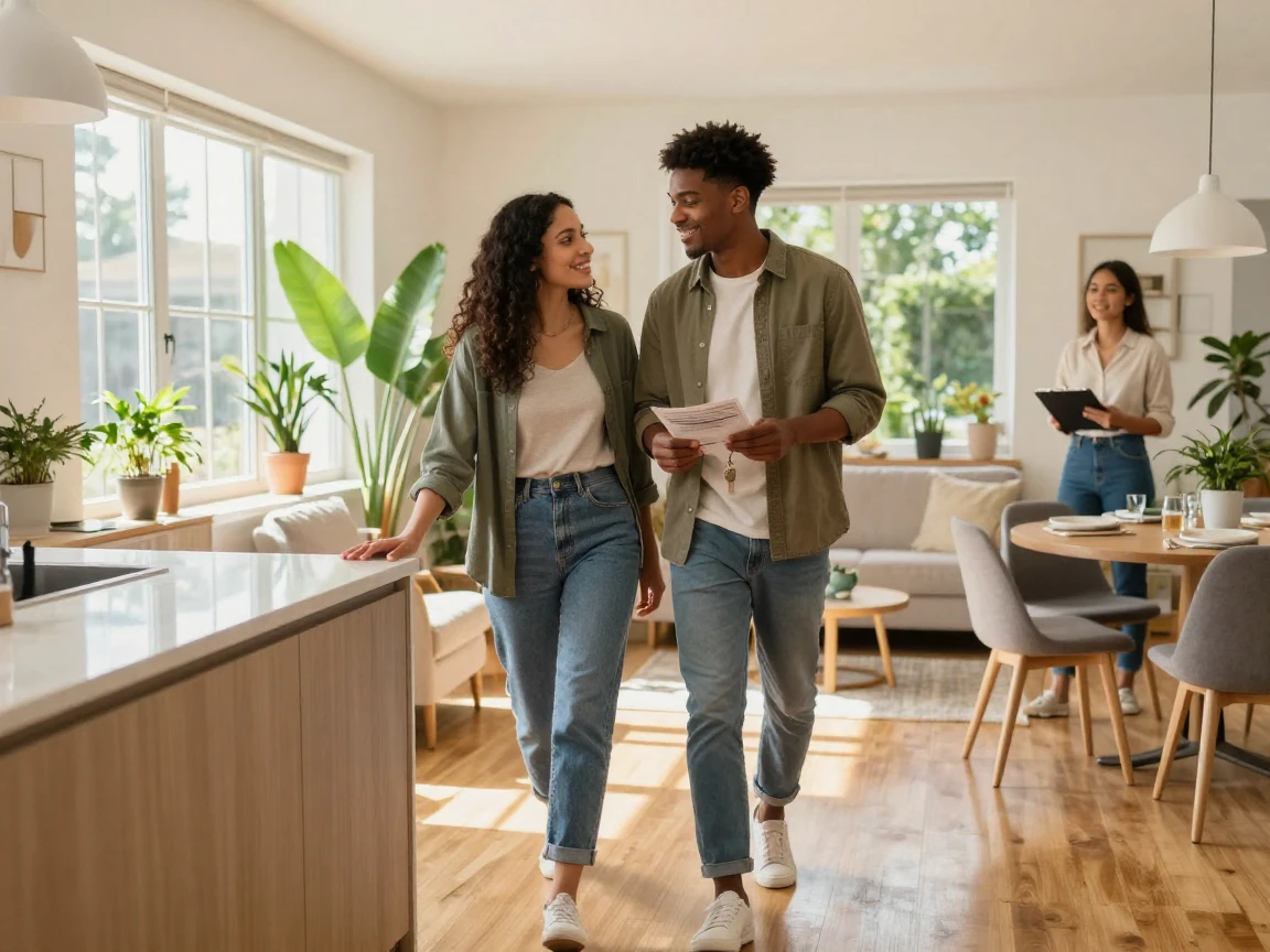 A couple walking through a garden-level apartment during a viewing.