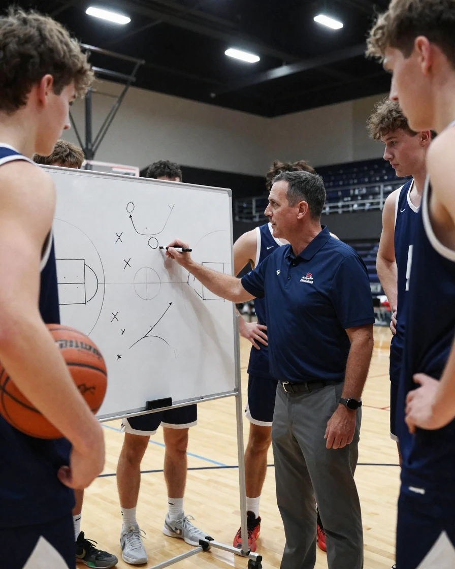 A basketball coach diagramming a play on a whiteboard for the team.