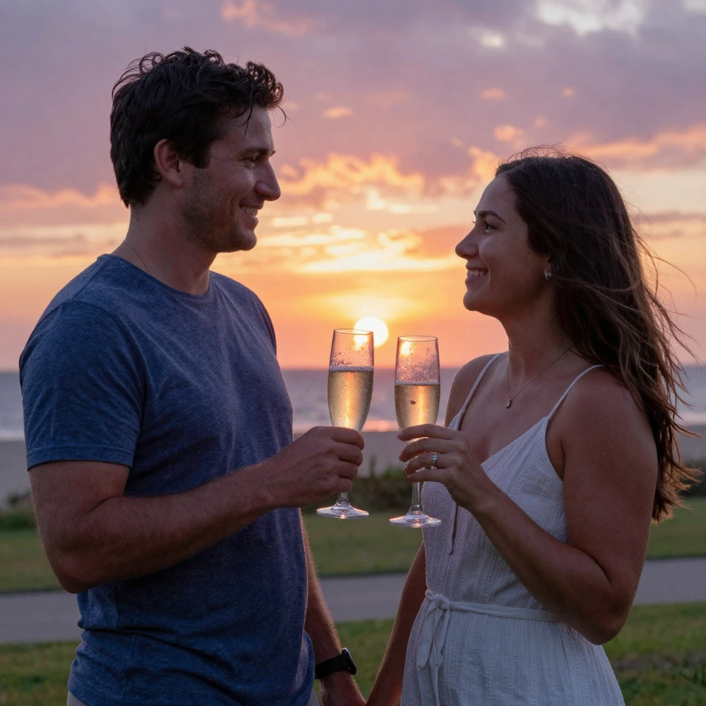 A couple celebrating their engagement with a champagne toast at sunset.