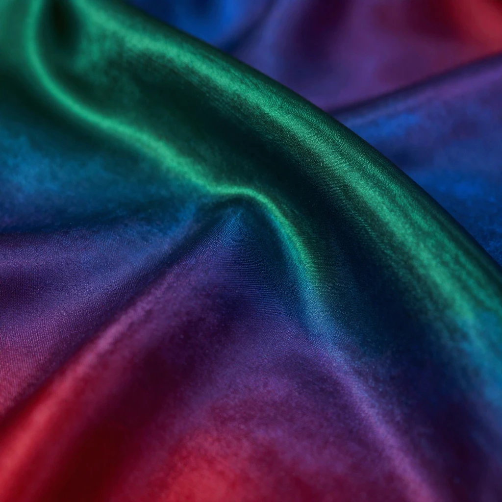 Close-up of a rippling silk fabric texture in jewel tones.