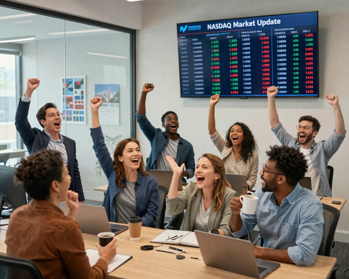 A group of colleagues cheering while watching a stock ticker on a large screen.