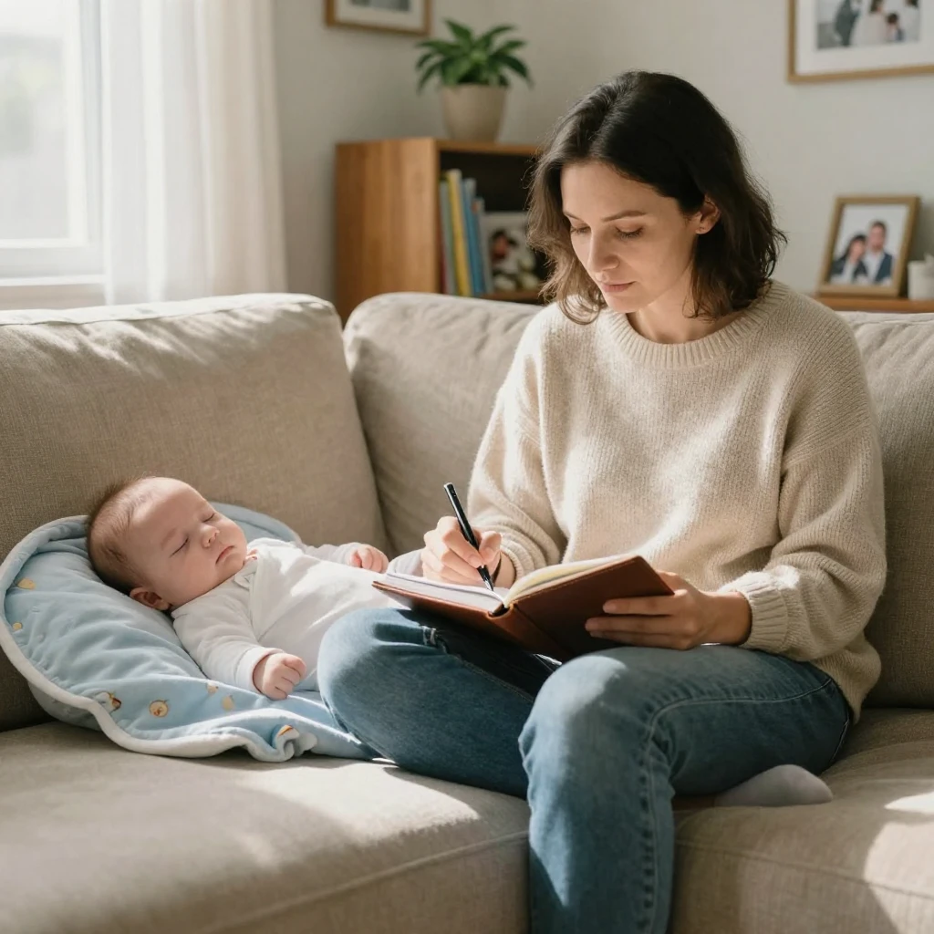 A mother journaling quietly while her baby naps beside her.