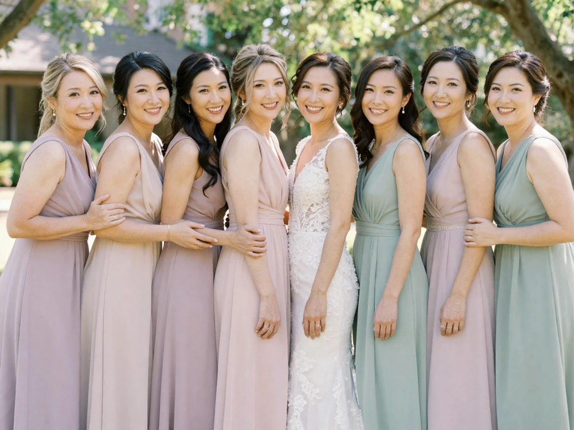A group of women posing together in coordinated bridesmaid dresses.