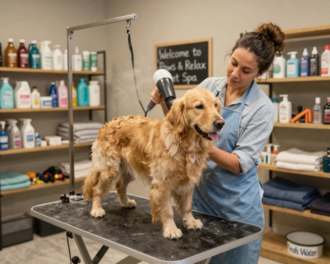 A groomer blow-drying a freshly washed dog at a pet spa.
