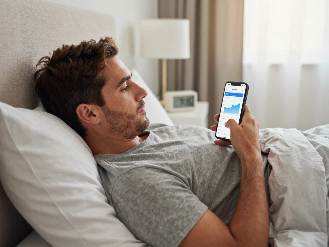 A man tracking his sleep data on a smartphone app in bed.