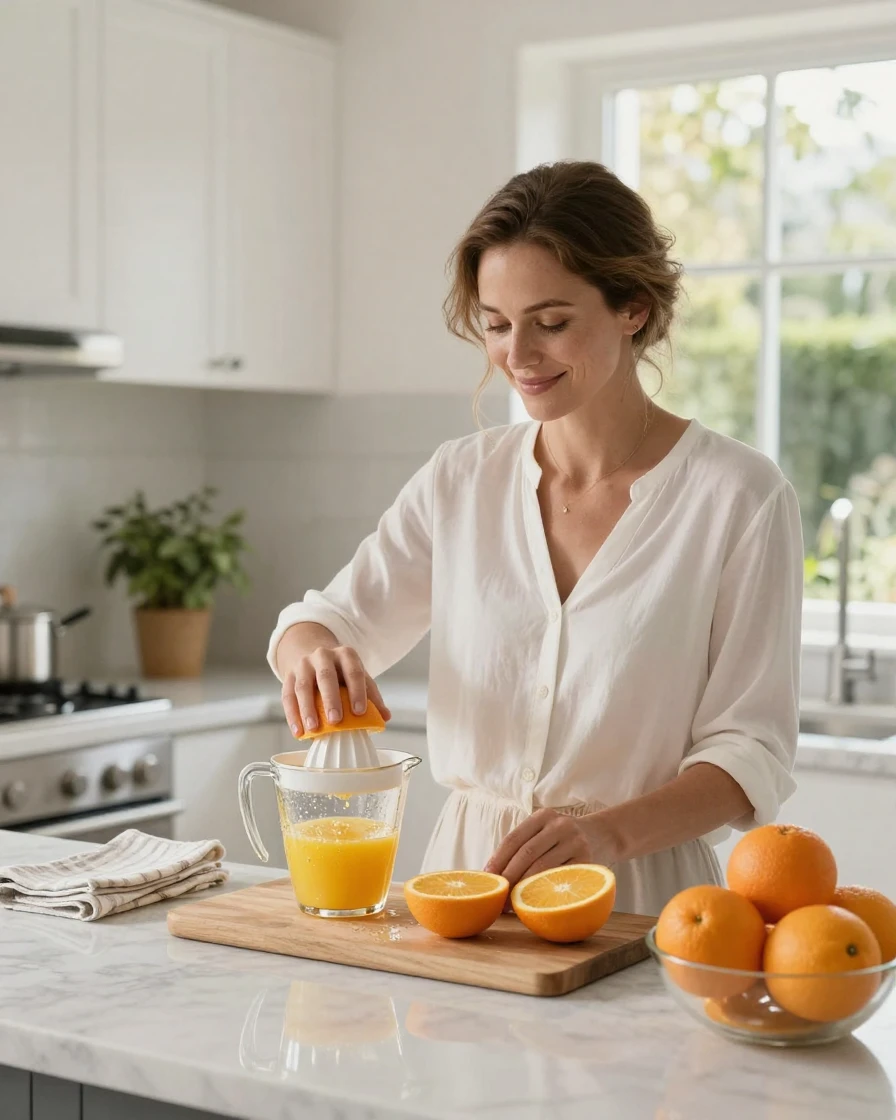 A woman juicing fresh oranges for breakfast in her kitchen.