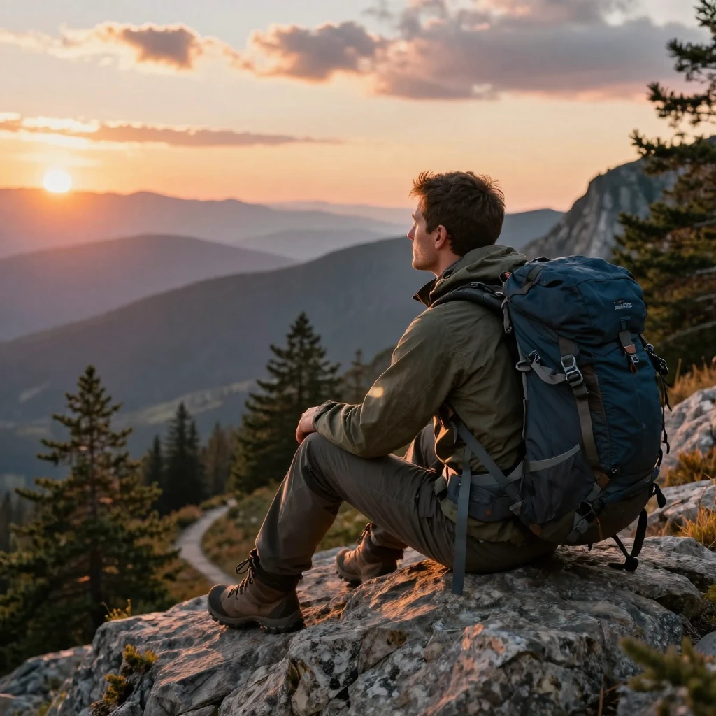 A hiker taking a break on a mountain ridge, looking out at the view.