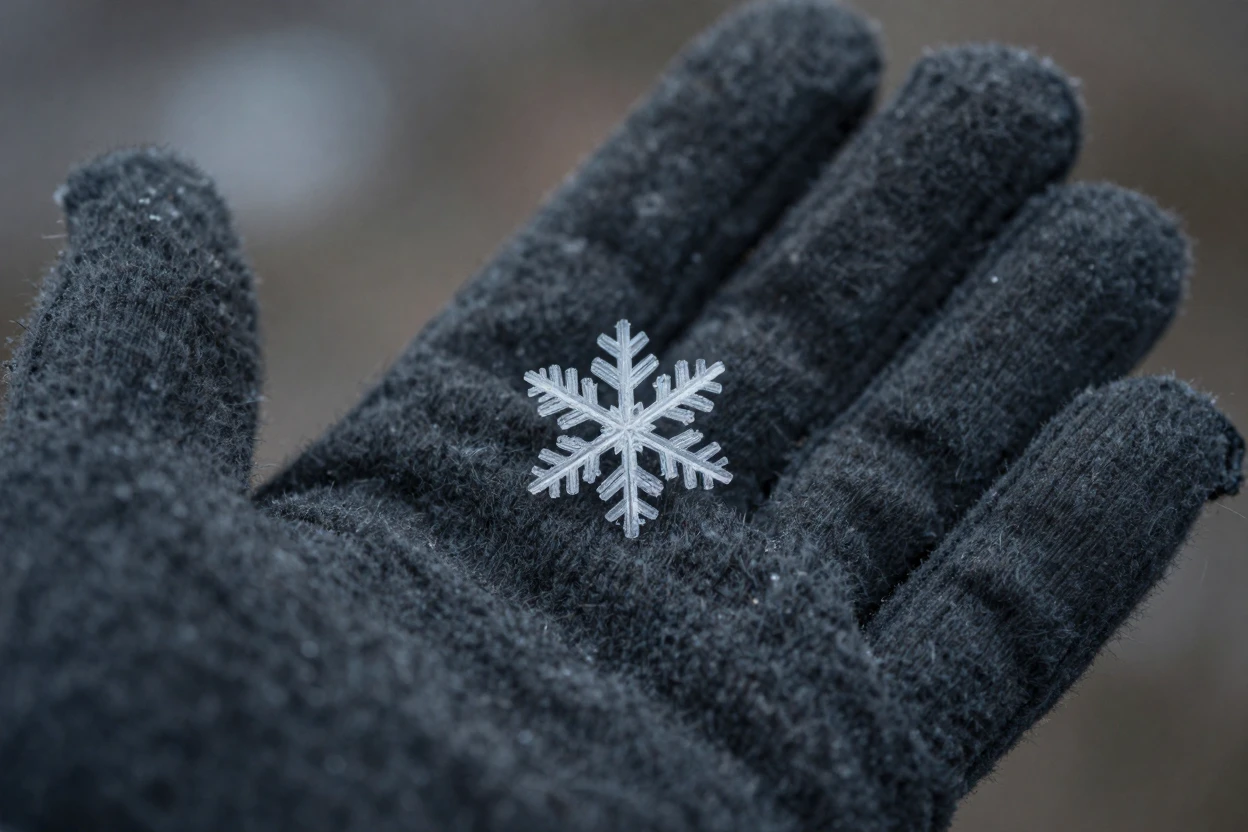 A close-up of a snowflake resting on a dark wool glove.