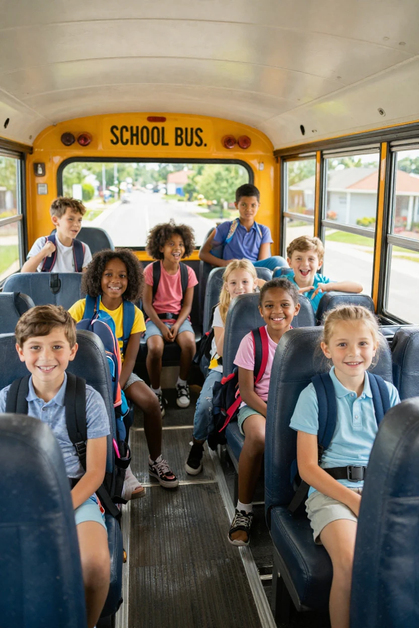 A group of elementary students on a school bus heading to a field trip.