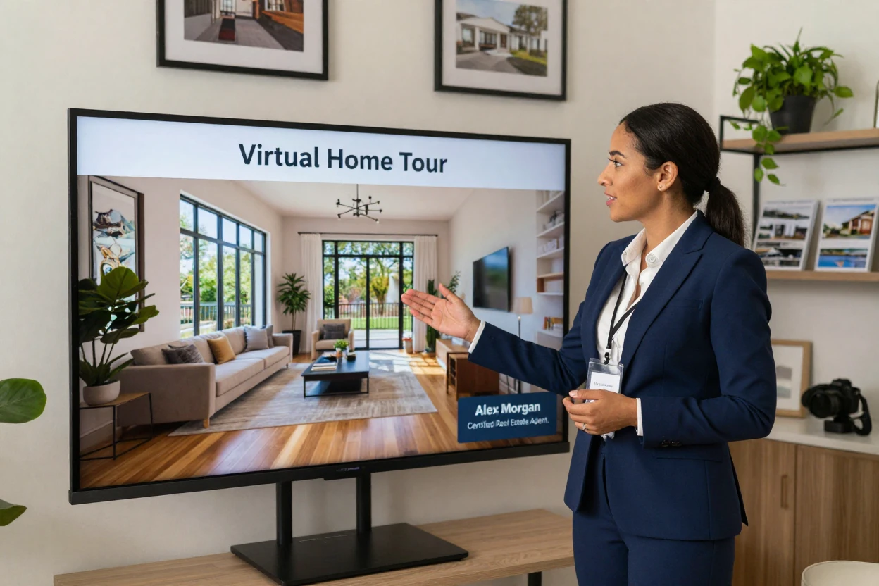 A real estate agent presenting a virtual tour on a large screen.