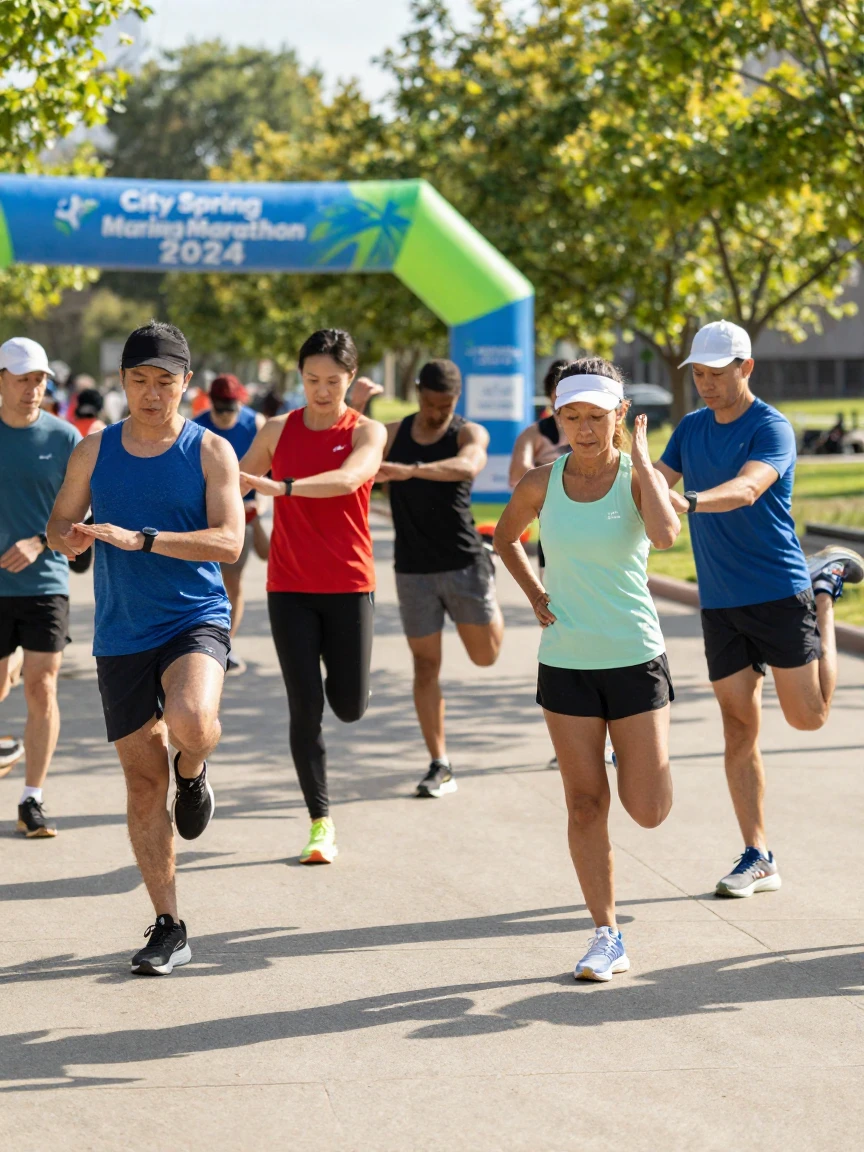 A group of runners stretching together before a race.