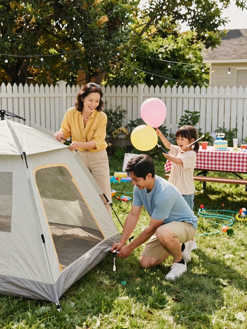 A family setting up an outdoor tent for a backyard birthday party.