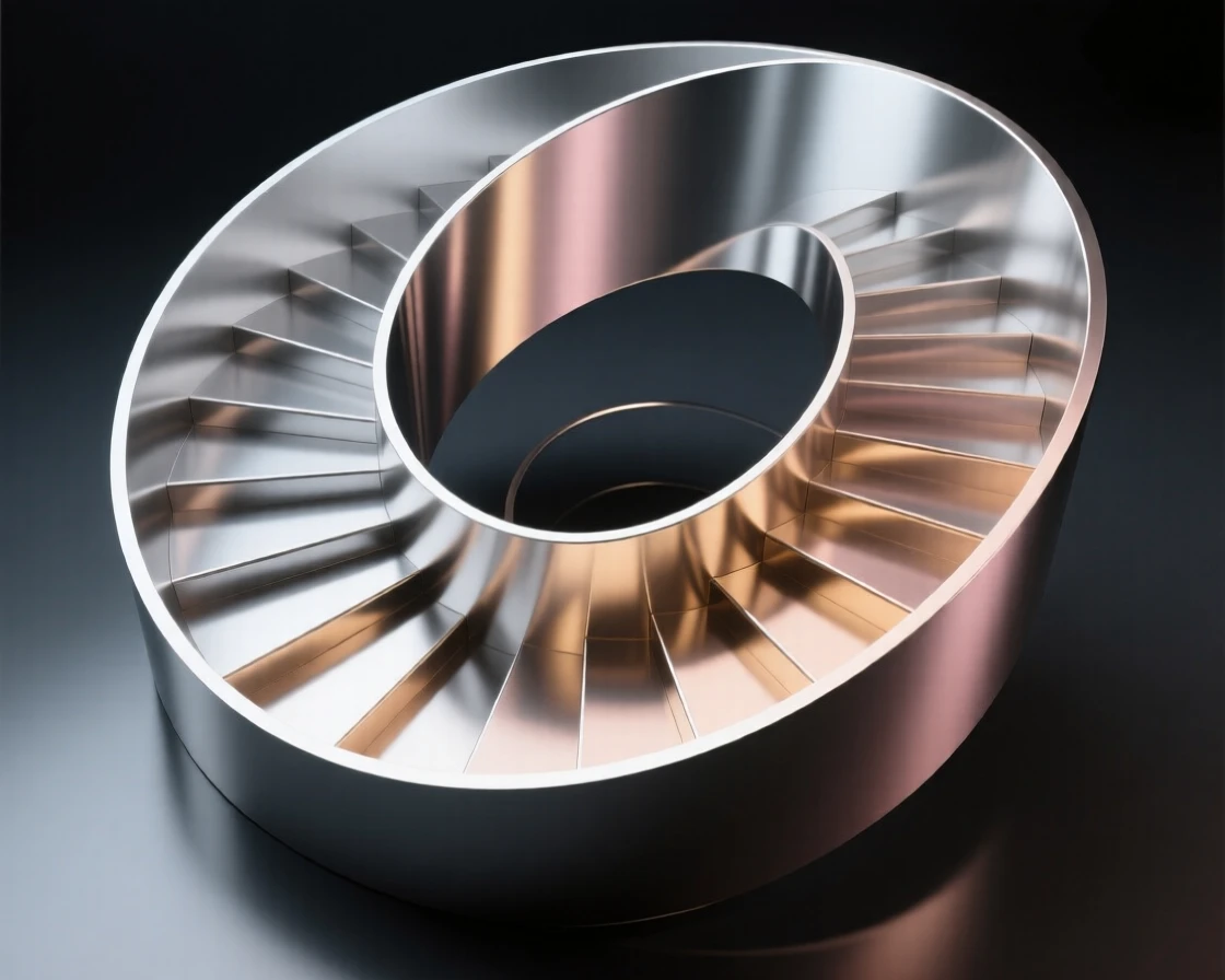 Abstract 3D render of a spiral staircase shape in metallic gradient.