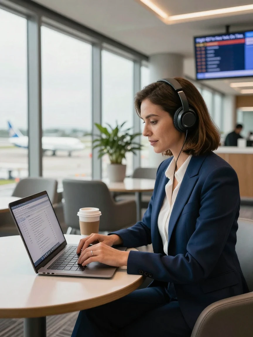 A businesswoman working from an airport lounge with headphones and a laptop.