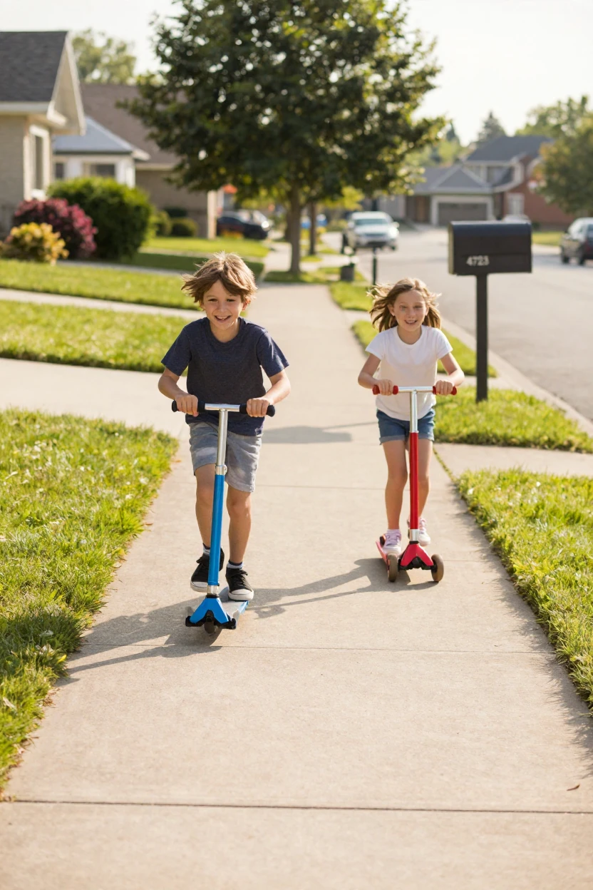 Siblings racing each other on scooters down a suburban sidewalk.