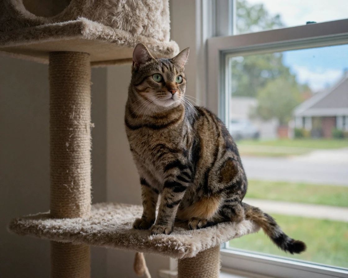 A cat perched on a cat tree, looking out a window.