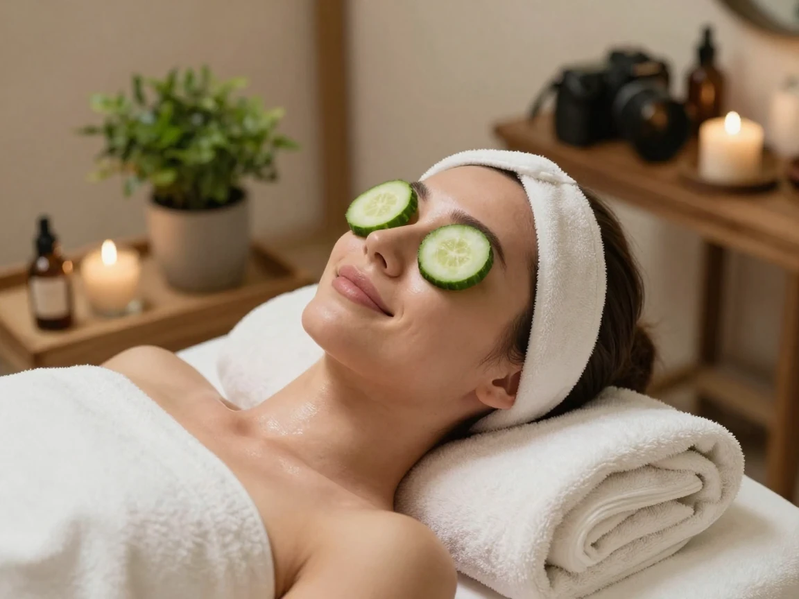 A woman getting a facial at a wellness spa with cucumber slices on her eyes.