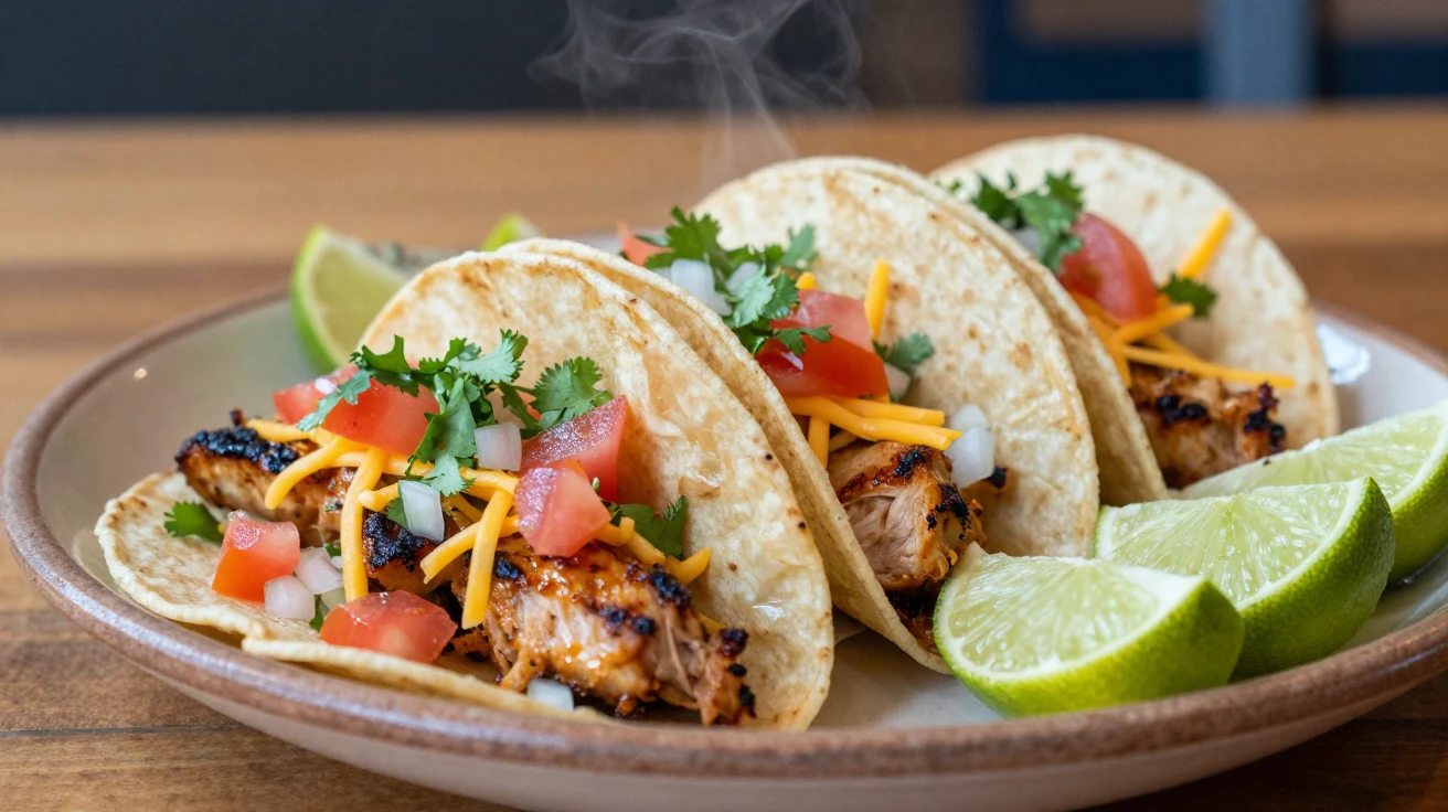 A close-up of tacos lined up on a platter with lime wedges.