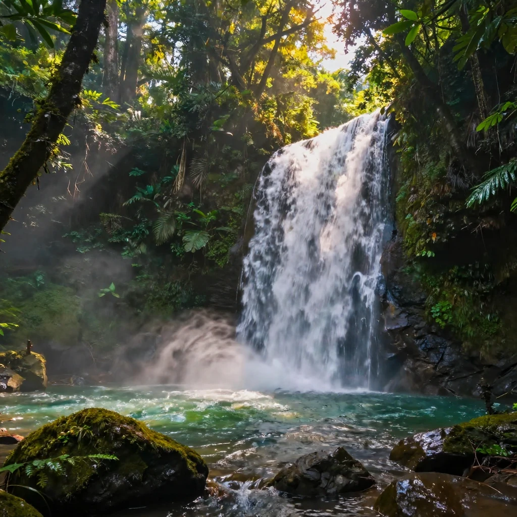 A dense jungle waterfall with mist rising from the pool below.