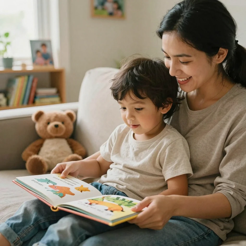 A child learning to read using a picture book with a parent.