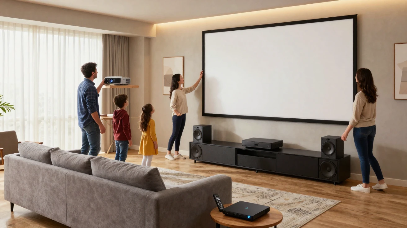 A family setting up a home theater room with a large screen.