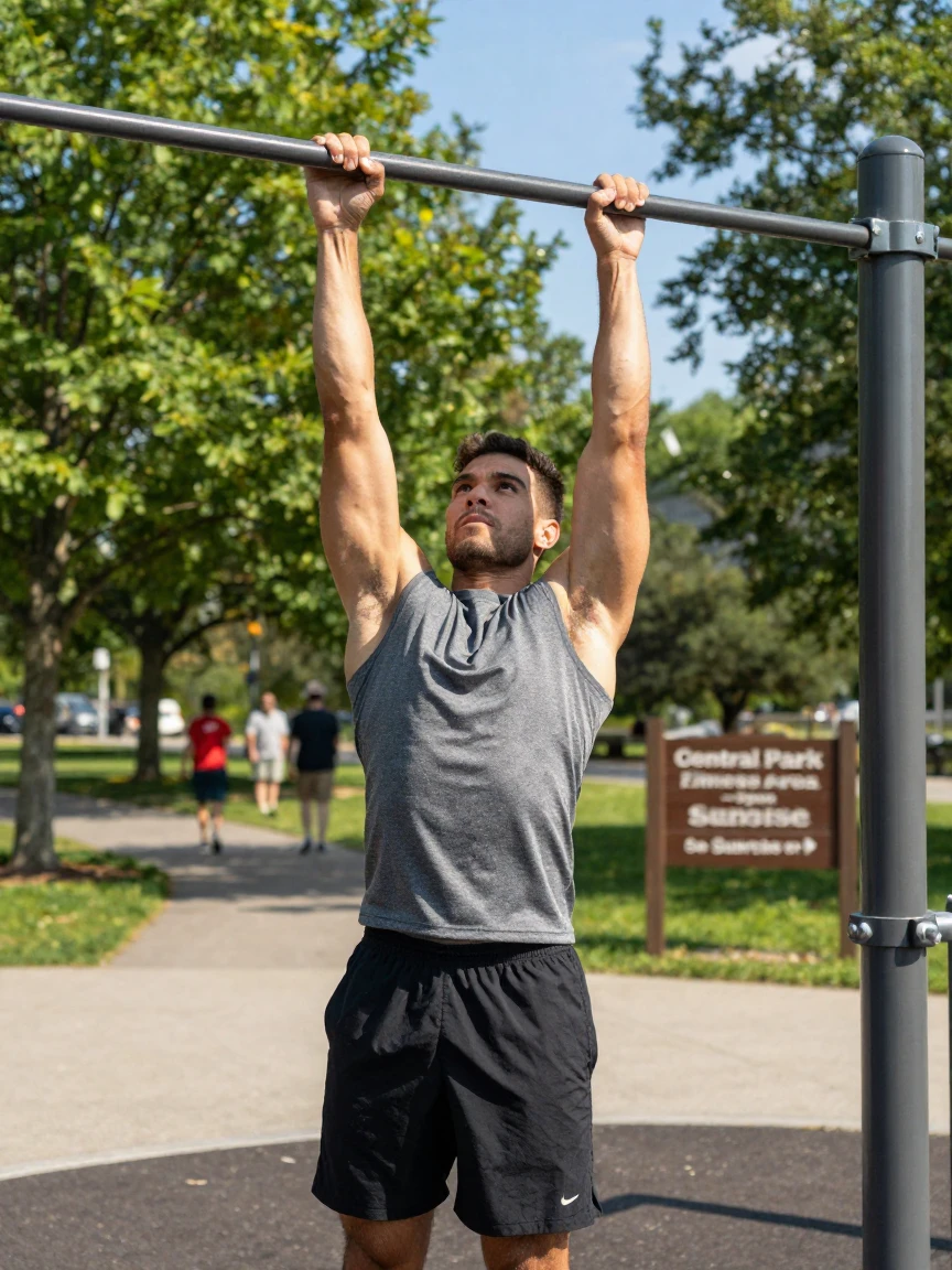 A man doing a chin-up on a pull-up bar at a park.