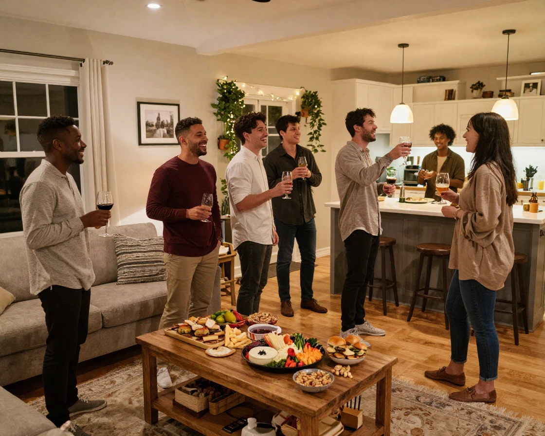 Friends celebrating a housewarming party with drinks and appetizers.