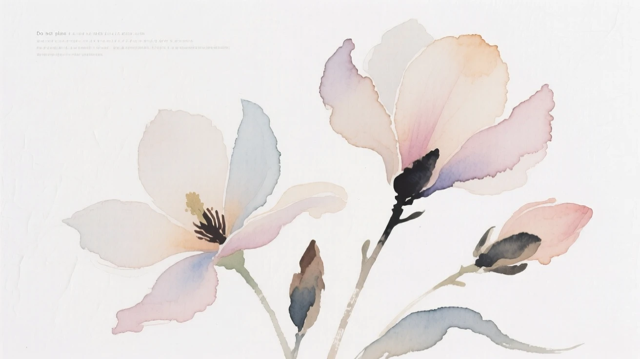 A minimalist background of soft watercolor blooms on white paper.