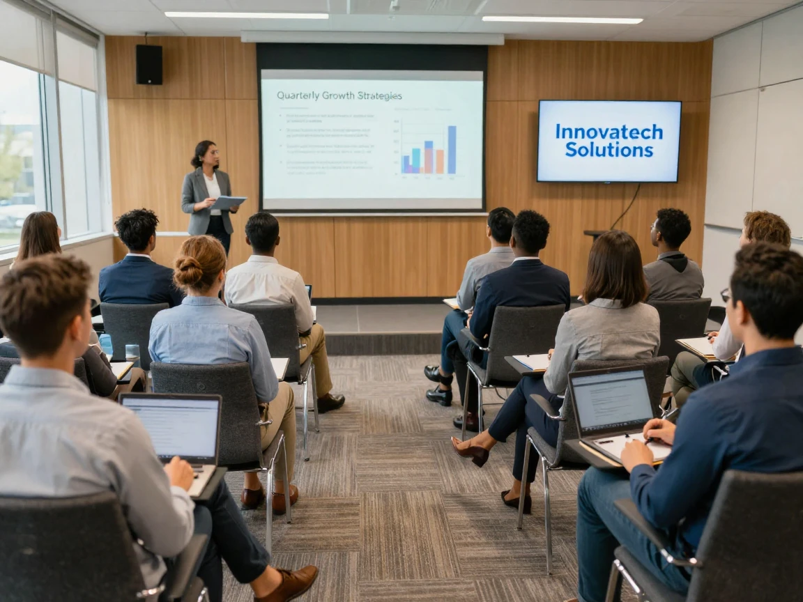 A diverse group of employees attending a company training session in an auditorium.