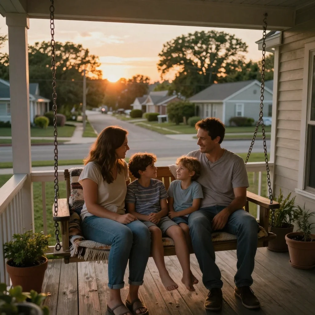 A family sitting together on a porch swing watching the sunset.